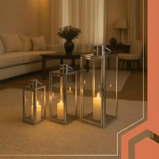 Ruhhy zilveren lantaarns set 38‑49‑63 cm – modern design, set van 3 – staal & glas zilver