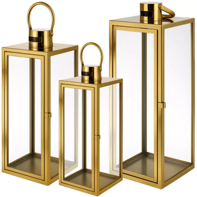 Ruhhy goudkleurige lantaarns set 38‑49‑63 cm – elegant design, set van 3 – staal & glas