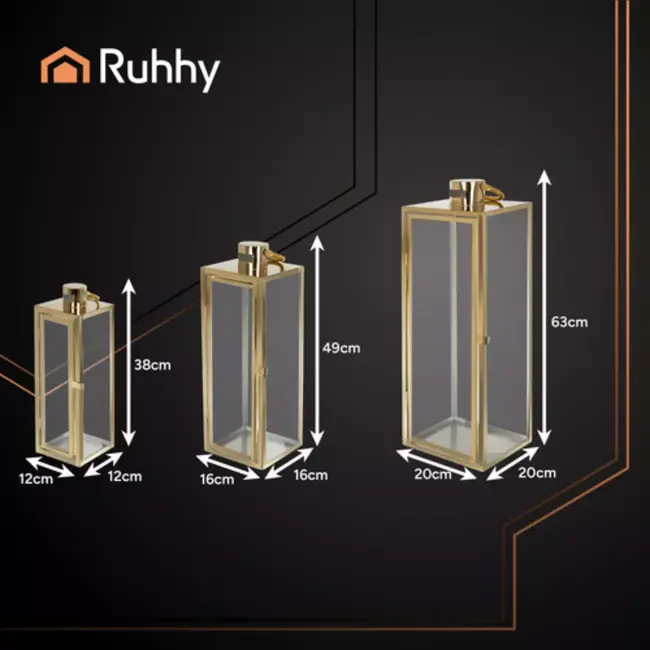 Ruhhy goudkleurige lantaarns set 38‑49‑63 cm – elegant design, set van 3 – staal & glas