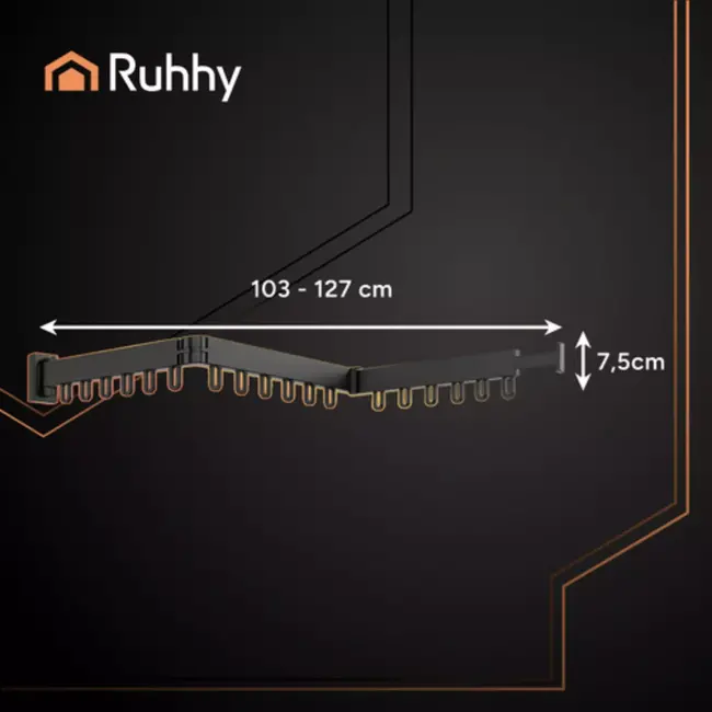 Ruhhy wanddroogrek zwart – inklapbaar met 18 haken – 103–127 cm inklapbaar