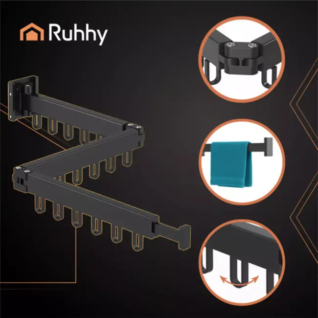 Ruhhy wanddroogrek zwart – inklapbaar met 18 haken – 103–127 cm inklapbaar