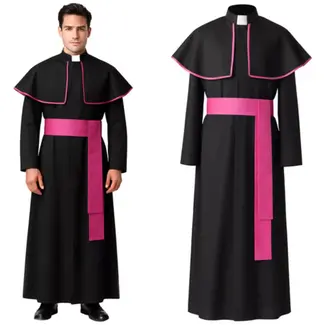 Ruhhy bisschopskostuum XL/XXL – compleet 3‑delig – zwarte soutane met paarse sash