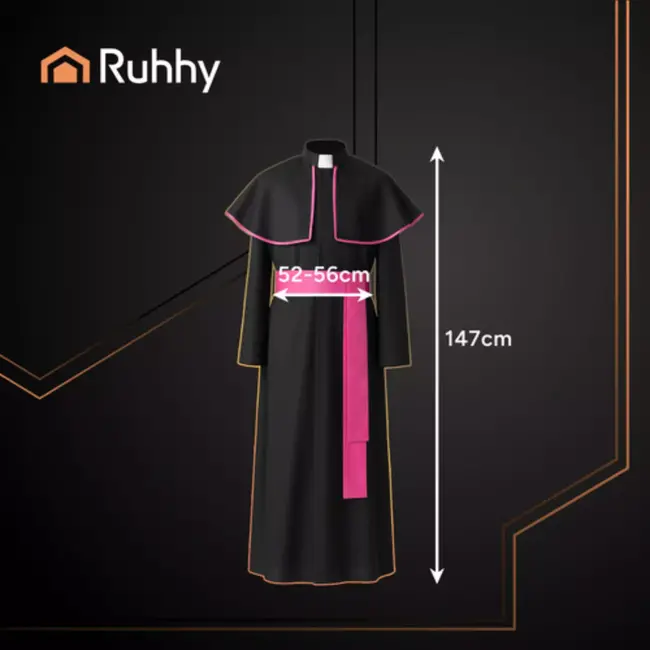 Ruhhy bisschopskostuum XL/XXL – compleet 3‑delig – zwarte soutane met paarse sash