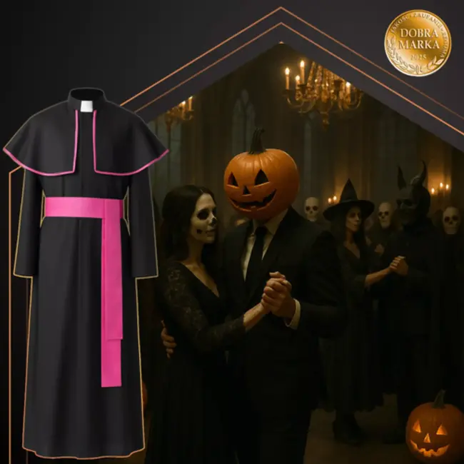 Ruhhy bisschopskostuum XL/XXL – compleet 3‑delig – zwarte soutane met paarse sash