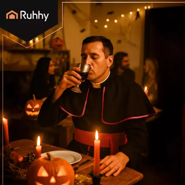 Ruhhy bisschopskostuum XL/XXL – compleet 3‑delig – zwarte soutane met paarse sash