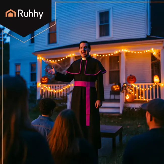 Ruhhy bisschopskostuum XL/XXL – compleet 3‑delig – zwarte soutane met paarse sash