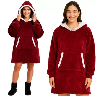 Ruhhy XXL – Oversized Dekentrui – Wijnrood – Zachte Sherpa Binnenkant – Met Capuchon en Zak – Voor Binnen en Buiten