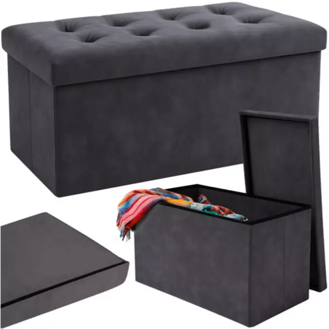 Ruhhy Opbergpoef – Luxe Grijs Fluweel – 76x38x38 cm – Comfortabel Zitvlak – Inklapbaar en Ruimtebesparend