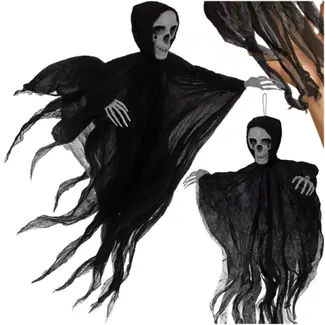 Ruhhy Zwart Skelet Halloween Decoratie – Hangend 90 cm – Met Kap en Losse Doeken – Griezelig Effect