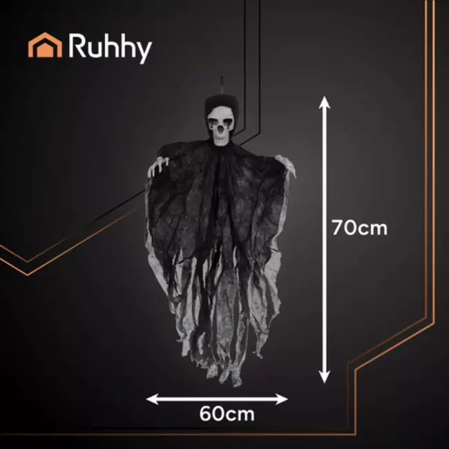 Ruhhy Zwart Skelet Halloween Decoratie – Hangend 90 cm – Met Kap en Losse Doeken – Griezelig Effect