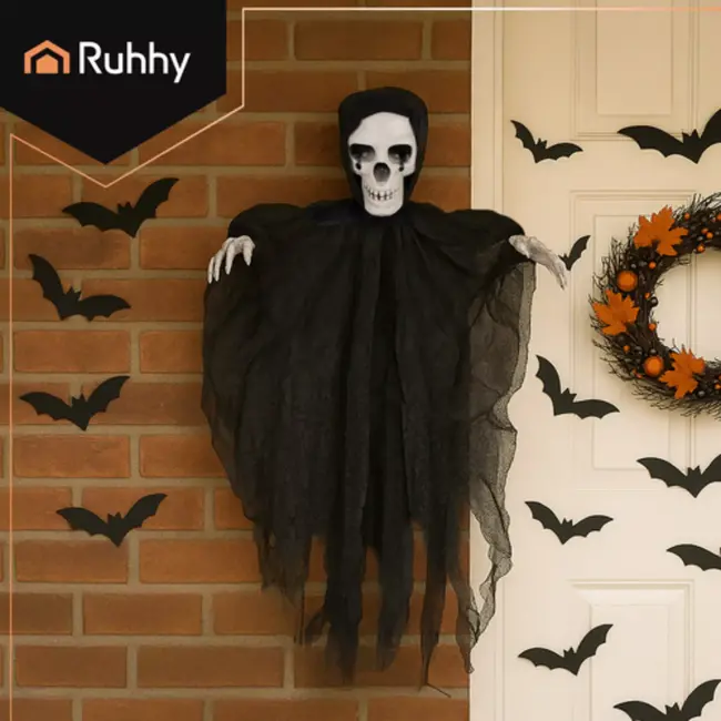 Ruhhy Zwart Skelet Halloween Decoratie – Hangend 90 cm – Met Kap en Losse Doeken – Griezelig Effect