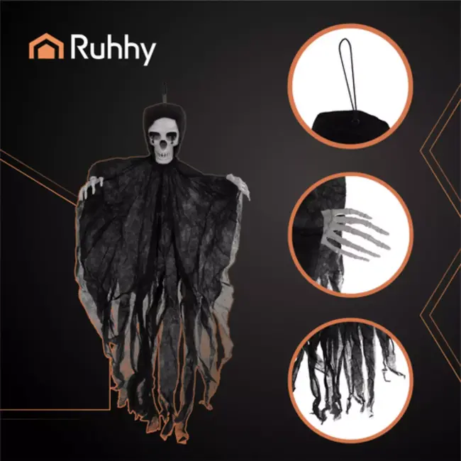 Ruhhy Zwart Skelet Halloween Decoratie – Hangend 90 cm – Met Kap en Losse Doeken – Griezelig Effect