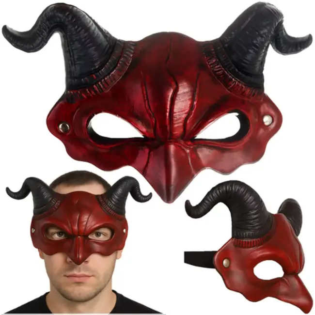 Ruhhy Demon Masker Halloween – Rood en Zwart – Kunststof Duivel Masker – Met Verstelbare Band en Hoorns
