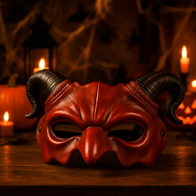 Ruhhy Demon Masker Halloween – Rood en Zwart – Kunststof Duivel Masker – Met Verstelbare Band en Hoorns