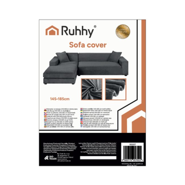 Ruhhy Hoekbankhoes – Donker‑grijs – Velours – 145‑185 cm