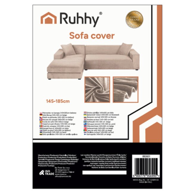 Ruhhy Sofa Hoes – Beige – Stretch Velours – Inclusief Kussenhoes – 145‑185 cm