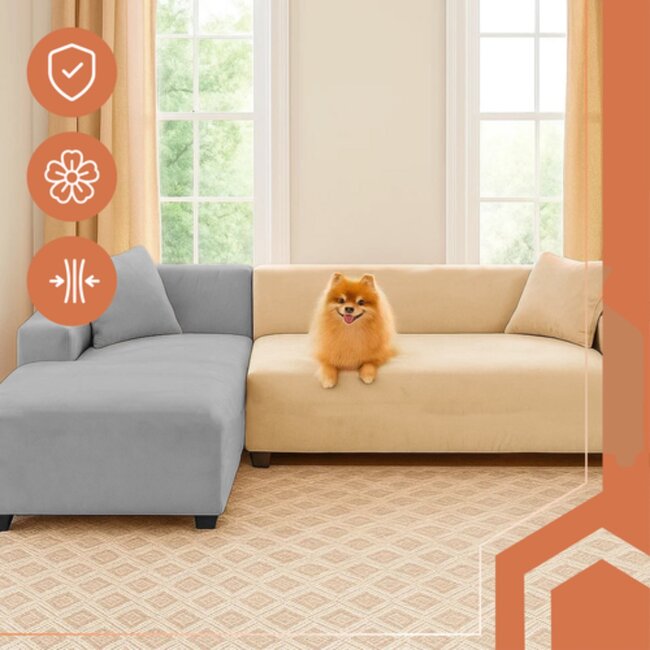 Ruhhy Sofa Hoes – Beige – Stretch Velours – Inclusief Kussenhoes – 145‑185 cm