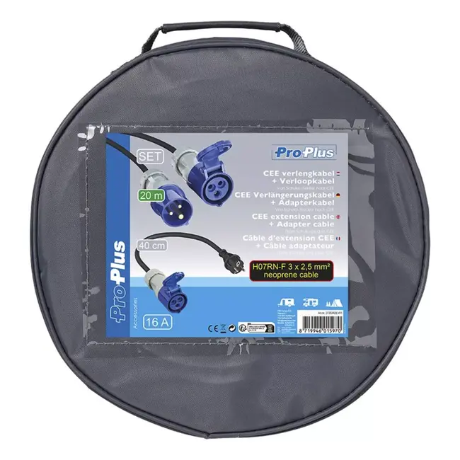 ProPlus CEE Set – Verlengkabel 20m + Verloopkabel 40cm – 3x2,5 mm² – Incl. Opbergtas
