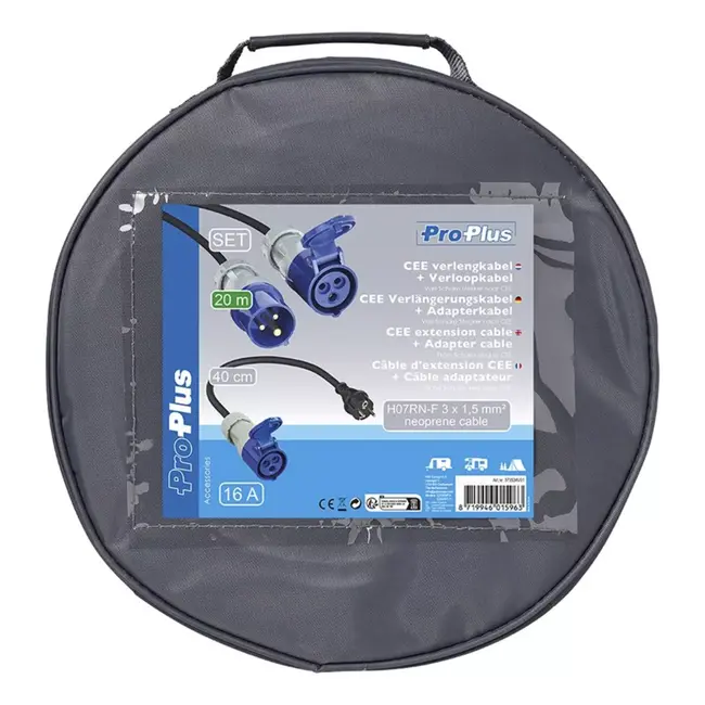 ProPlus CEE Set – Verlengkabel 20m + Verloopkabel 40cm – 3x1,5 mm² – Incl. Opbergtas
