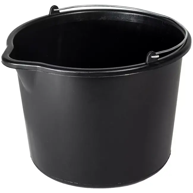 GEKO Bouwemmer met schenktuit - gerecyclede kunststof - verstevigde rand en bodem - 12 liter - zwart - literschaal binnenin - voor bouw en tuin