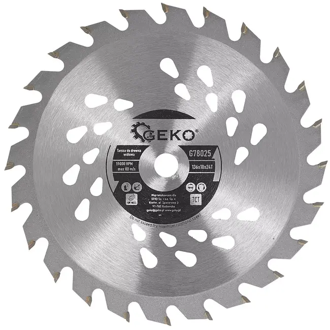 GEKO Cirkelzaagblad voor hout - staal met hardmetalen tanden - 136 mm, asgat 10 mm, 24 tanden met koelgaten - zilver - voor accuhandcirkelzagen, zuiver zagen