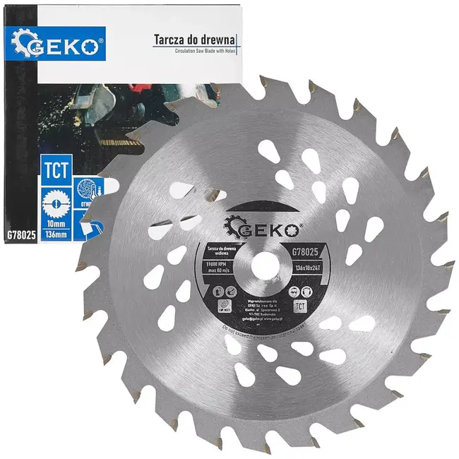 GEKO Cirkelzaagblad voor hout - staal met hardmetalen tanden - 136 mm, asgat 10 mm, 24 tanden met koelgaten - zilver - voor accuhandcirkelzagen, zuiver zagen