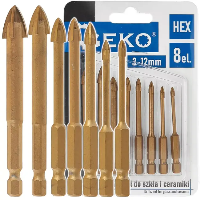 GEKO glas- en keramiekborenset - 3-12 mm - hardmetaal - metaalkleurig - zeskantschacht 6,35 mm - splintervrij boren - 8-delig - voor glas, tegels, porselein en gres