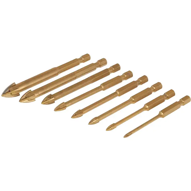 GEKO glas- en keramiekborenset - 3-12 mm - hardmetaal - metaalkleurig - zeskantschacht 6,35 mm - splintervrij boren - 8-delig - voor glas, tegels, porselein en gres