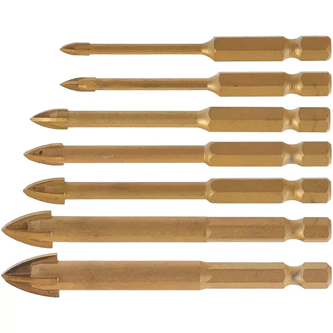 GEKO glas- en keramiekborenset - 3-12 mm - hardmetaal - metaalkleurig - zeskantschacht 6,35 mm - splintervrij boren - 8-delig - voor glas, tegels, porselein en gres