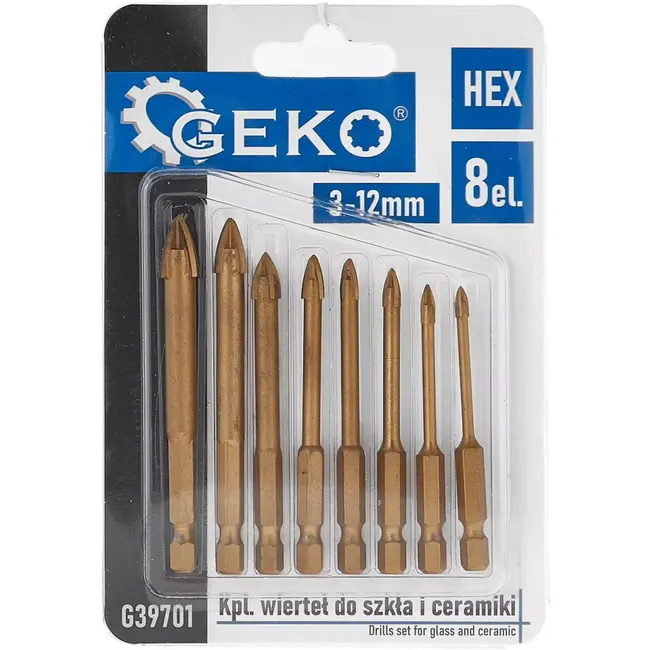 GEKO glas- en keramiekborenset - 3-12 mm - hardmetaal - metaalkleurig - zeskantschacht 6,35 mm - splintervrij boren - 8-delig - voor glas, tegels, porselein en gres