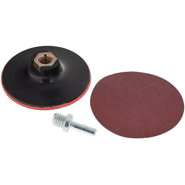 GEKO Steunschijf met klittenband voor haakse slijper M14 - kunststof met schuimlaag - 100 mm - rood - met booradapter - schuren van hout, metaal en kunststof