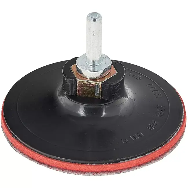 GEKO Steunschijf met klittenband voor haakse slijper M14 - kunststof met schuimlaag - 100 mm - rood - met booradapter - schuren van hout, metaal en kunststof