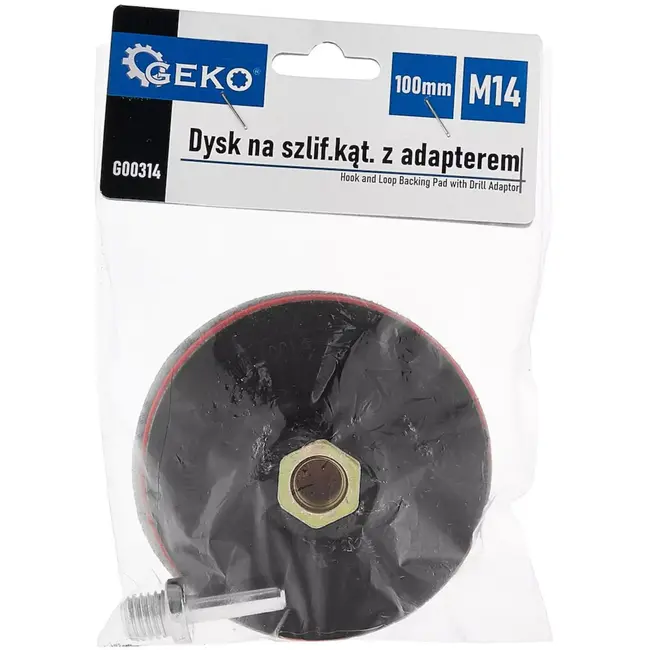 GEKO Steunschijf met klittenband voor haakse slijper M14 - kunststof met schuimlaag - 100 mm - rood - met booradapter - schuren van hout, metaal en kunststof