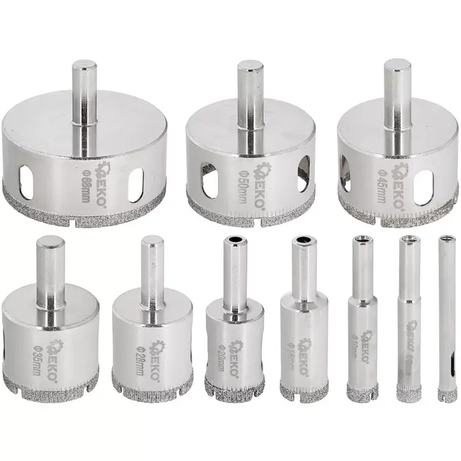 GEKO Kroonborenset - diamant - nauwkeurig boren - 6–68 mm - metaalgrijs - 10-delig - voor tegels, keramiek, marmer en graniet, nat en droog