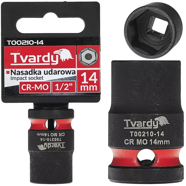 Tvardy Slagdop kort model 14 mm zeskant, opname 12,7 mm vierkant - chroom-molybdeenstaal - slagvast - zwart - voor slagmoersleutels in autowerkplaats en industrie