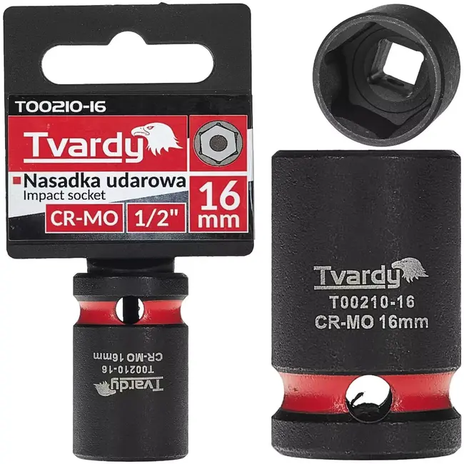 Tvardy slagdop zeskant kort 16 mm - chroom-molybdeenstaal - aandrijving 12,7 mm - voor slagsleutels - auto en industrie - zwart