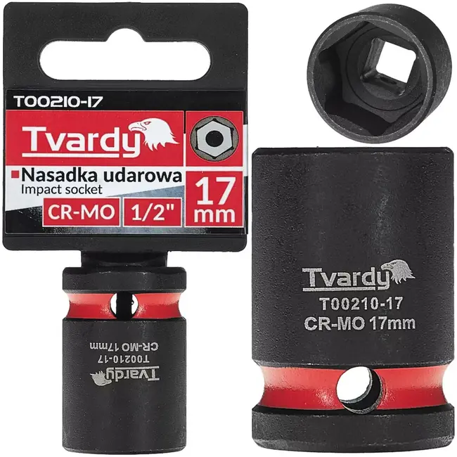 Tvardy Slagdop zeskant kort 17 mm - chroom-molybdeenstaal - aansluiting 12,7 mm vierkant - zwart - voor slagmoersleutel, autowerkplaats en industrie