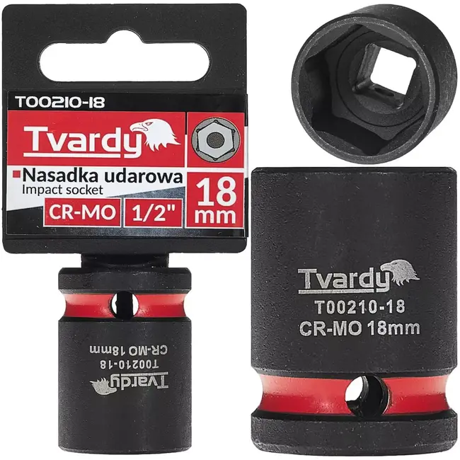 Tvardy Slagdop zeskant kort 18 mm – chroom-molybdeenstaal – aandrijfvierkant 12,5 mm – zwart – slagvast voor slagmoersleutel, auto en industrie