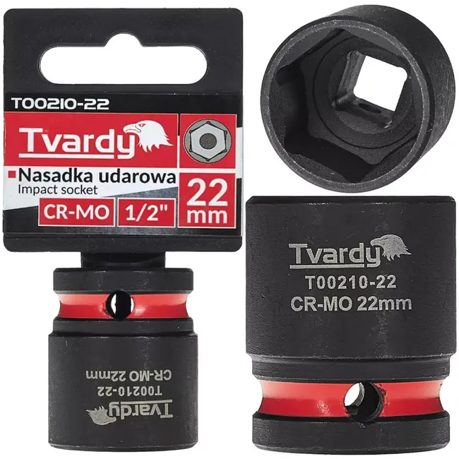 Tvardy Slagdop zeskant 22 mm - chroom-molybdeen staal - slagvast, korte uitvoering - vierkante opname 12,7 mm - zwart - voor auto, industrie en bouw