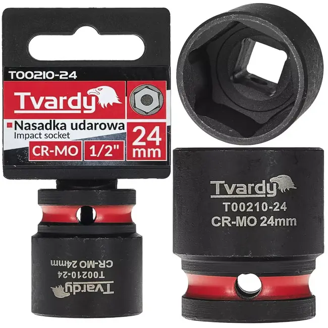 Tvardy slagdop zeskant 24 mm - chroom-molybdeenstaal - kort model met 12,7 mm vierkante opname - zwart - voor slagmoersleutels, auto en industrie
