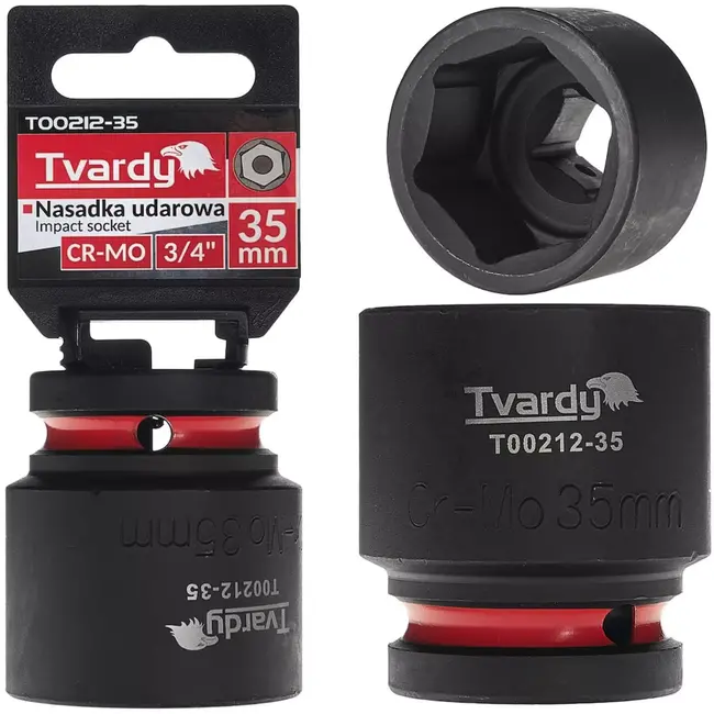 Tvardy Slagdop zeskant kort 35 mm - chroom-molybdeenstaal - aansluiting 19 mm vierkant - zwart - voor slagmoersleutels in werkplaats en industrie