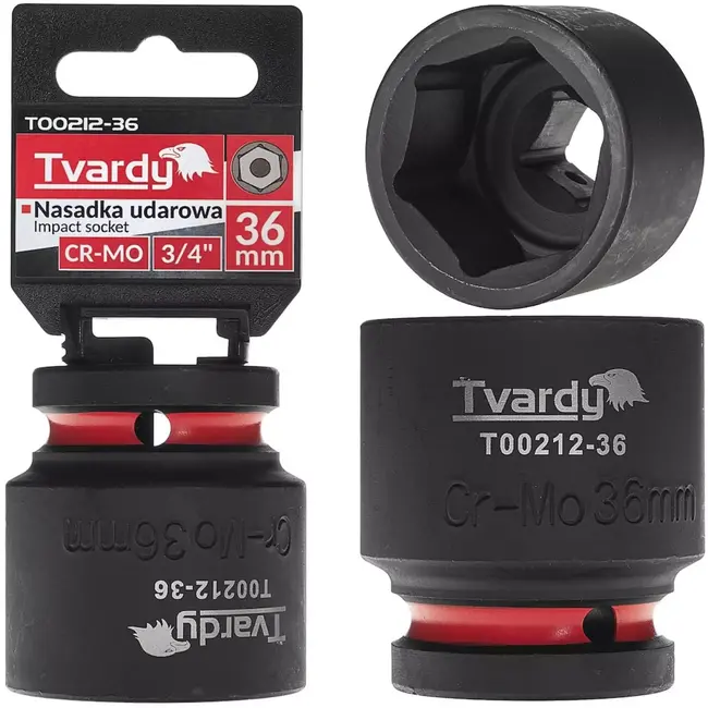 Tvardy Slagdop zeskant 36 mm - chroom-molybdeenstaal - korte uitvoering, aandrijving 19 mm - zwart - voor slagmoersleutel, auto- en industriewerk