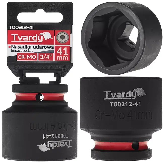 Tvardy slagdop zeskant kort – chroom-molybdeenstaal – 41 mm – aandrijving 19 mm vierkant – zwart – voor slagmoersleutel, werkplaats, industrie en bouw