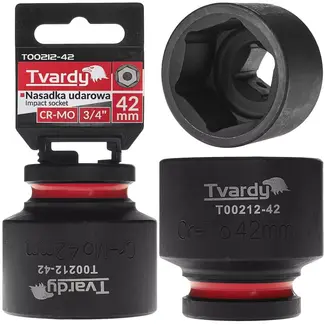 Tvardy slagdop 6-kant kort 42 mm – chroom-molybdeenstaal – opname 19 mm vierkant – zwart – voor slagsleutels in werkplaats, industrie en bouw