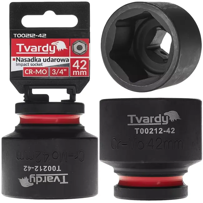 Tvardy slagdop 6-kant kort 42 mm – chroom-molybdeenstaal – opname 19 mm vierkant – zwart – voor slagsleutels in werkplaats, industrie en bouw