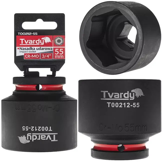 Tvardy slagdop zeskant 55 mm - chroom-molybdeenstaal - kort model, 19 mm vierkant - zwart - voor slagmoersleutel in autowerkplaats en industrie