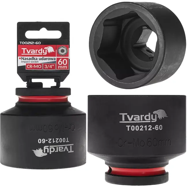 Tvardy Slagdop kort model zeskant - chroom-molybdeenstaal - 60 mm dopmaat, aandrijving 19 mm vierkant - zwart - voor slagmoersleutel in auto en industrie