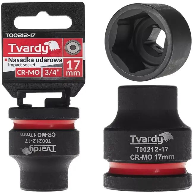 Tvardy Slagdop zeskant 17 mm korte uitvoering - chroom-molybdeenstaal - voor slagsleutel zware belasting - aandrijfvierkant 19 mm - zwart - auto en industrie