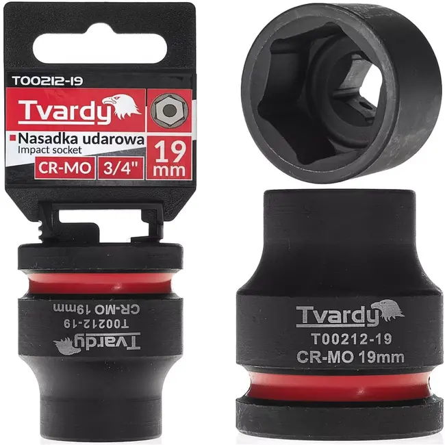 Tvardy Professionele slagdop kort 19 mm zeskant - chroom-molybdeenstaal - 19 mm vierkante aandrijving - zwart - voor slagmoersleutel, werkplaats, bouw en industrie