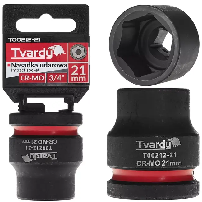 Tvardy Slagdop zeskant kort - chroom-molybdeenstaal - 21 mm dop, aandrijfvierkant 19 mm - zwart - voor slagmoersleutel, auto-industrie en werkplaats